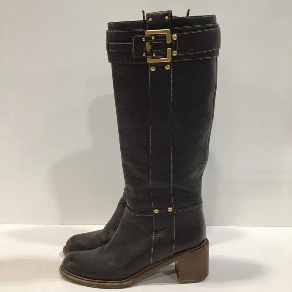 Women’s Chloe Paddington Elegant Brown Pebble Grain Leather Knee-High Boots 38.5